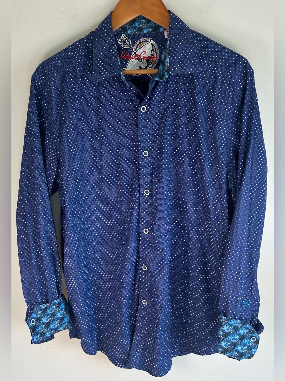 Robert Graham Men’s Button Up Shirt Size M Dombey Blue Geometric Flip Cuff EUC